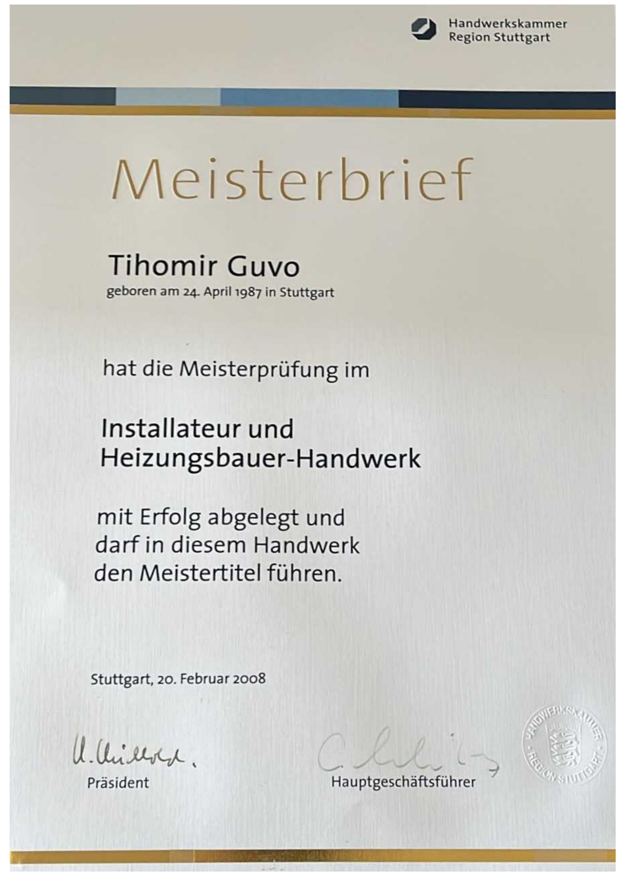 Majstorska diploma Tihomira Guve — izvornik, fotografija